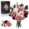 Pink Roses Bouquet Building Set Artificial Flowers Plants Home Office Room Decor Valentines Day Christmas Gifts for Adults Women