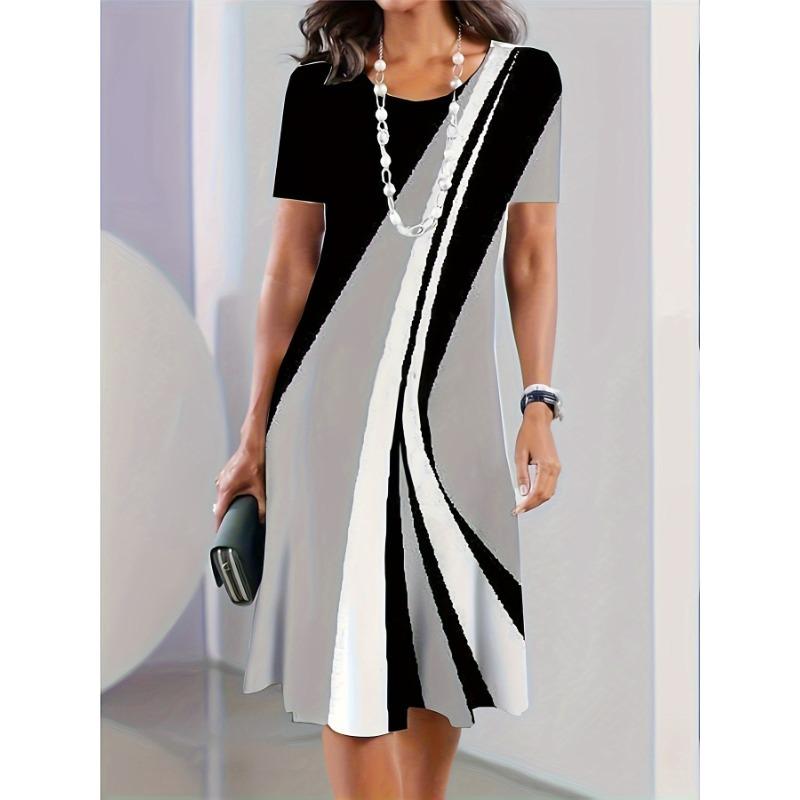 

Color Block Round Neck Loose Dress, Spring and Summer Casual Short-sleeved Dress S