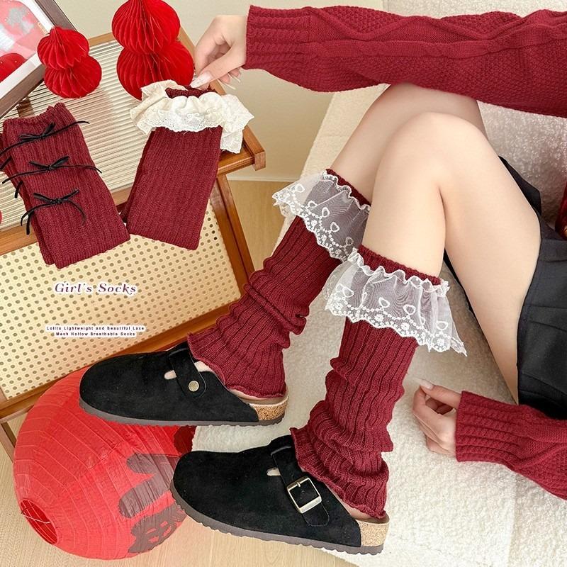Womens Cotton Sock Sleeves For Autumn Winter Lolita Lace Ruffle Leg Warmers In Ankola Red New Year Christmas Ballet Style Calf Socks