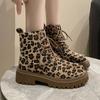 Fashion Autumn Winter Round Toe Leopard Print Ankle Boots for Women Chunky Lace-up Woman Short Shoes Y2k Goth Fleece-Lined Biker Booties