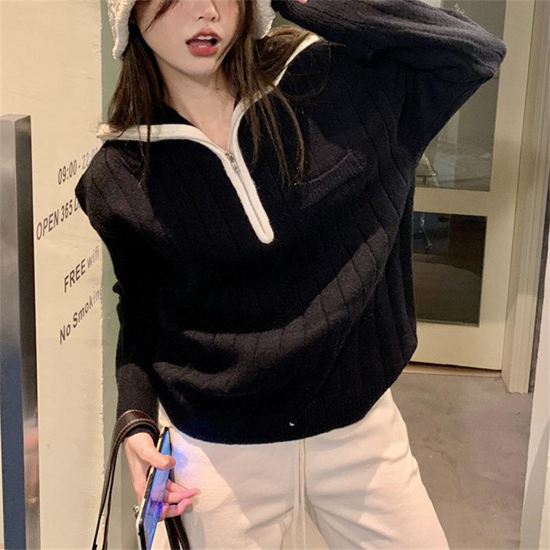 DAFIFY Women's Fashion Casual Fall Winter Solid Color Print Long Sleeve POLO Neck Sweaters