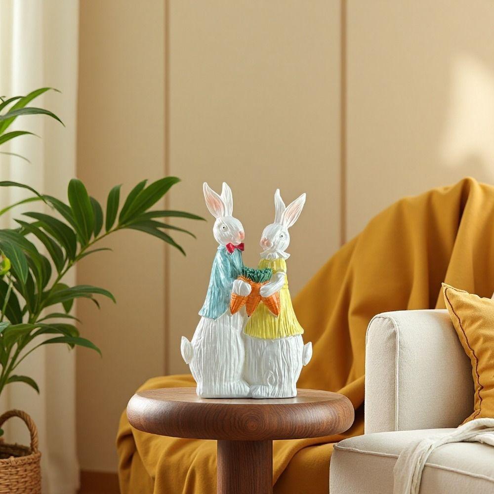 Wood Grain Resin Easter Bunny Decorations Simulation Design Bunny Couple Statue Tabletop Display
