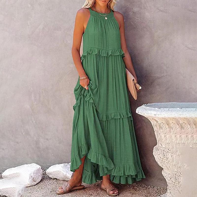 Kvinnor Casual Enfärgad Volanger Lång Klänning Sommar Elegant Ärmlös Solklänning Elegant Harajuku Maxiklänning Strandfest Kväll Vestido