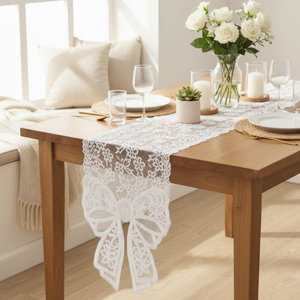 New White Lace Table Runner Floral Rectangle Tablecloth Semi-sheer Embroidered Table Flag For Wedding Party
