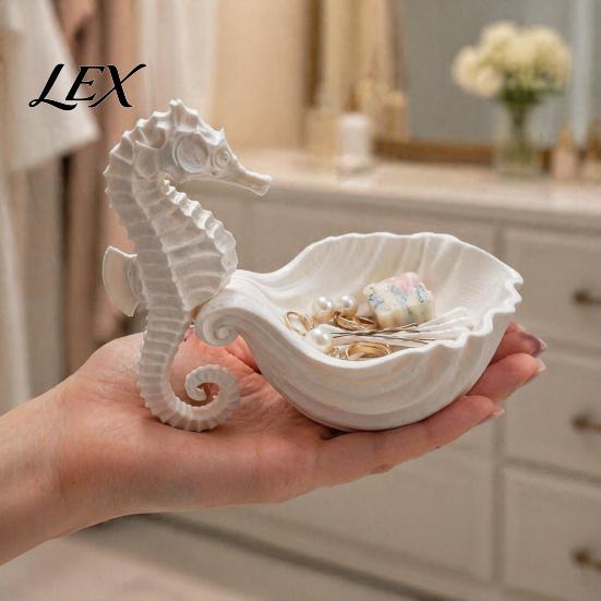 Small Jewelry Storage Box 3D Printed Seahorse Shell Tray for Rings Necklaces Bracelets, Ocean Compact Vanity Organizer Style Desktop Organizer,