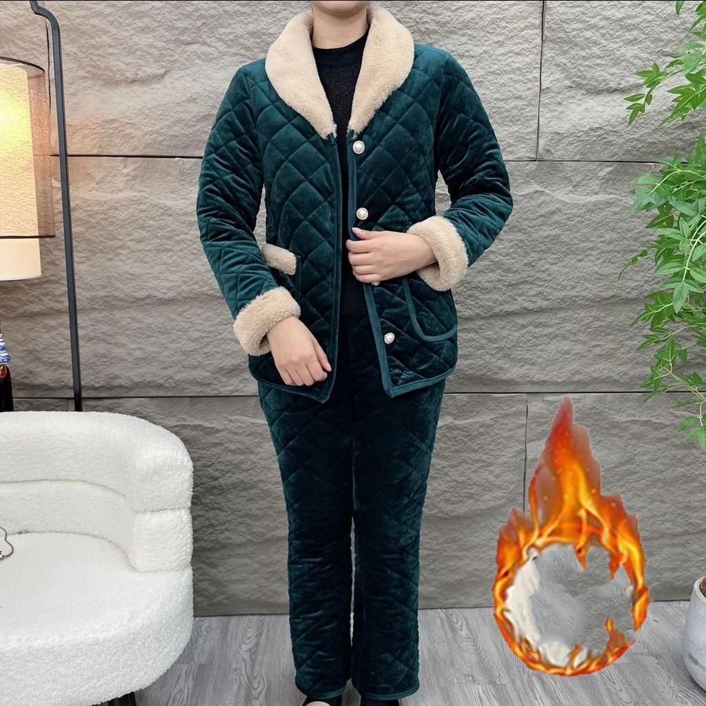 Fashion Mother Winter Clothes Plus Velvet Thick Padded Jacket Suit Middle-aged and Elderly Winter Warm Padded Jacket Cotton Trousers Two-piece Suit