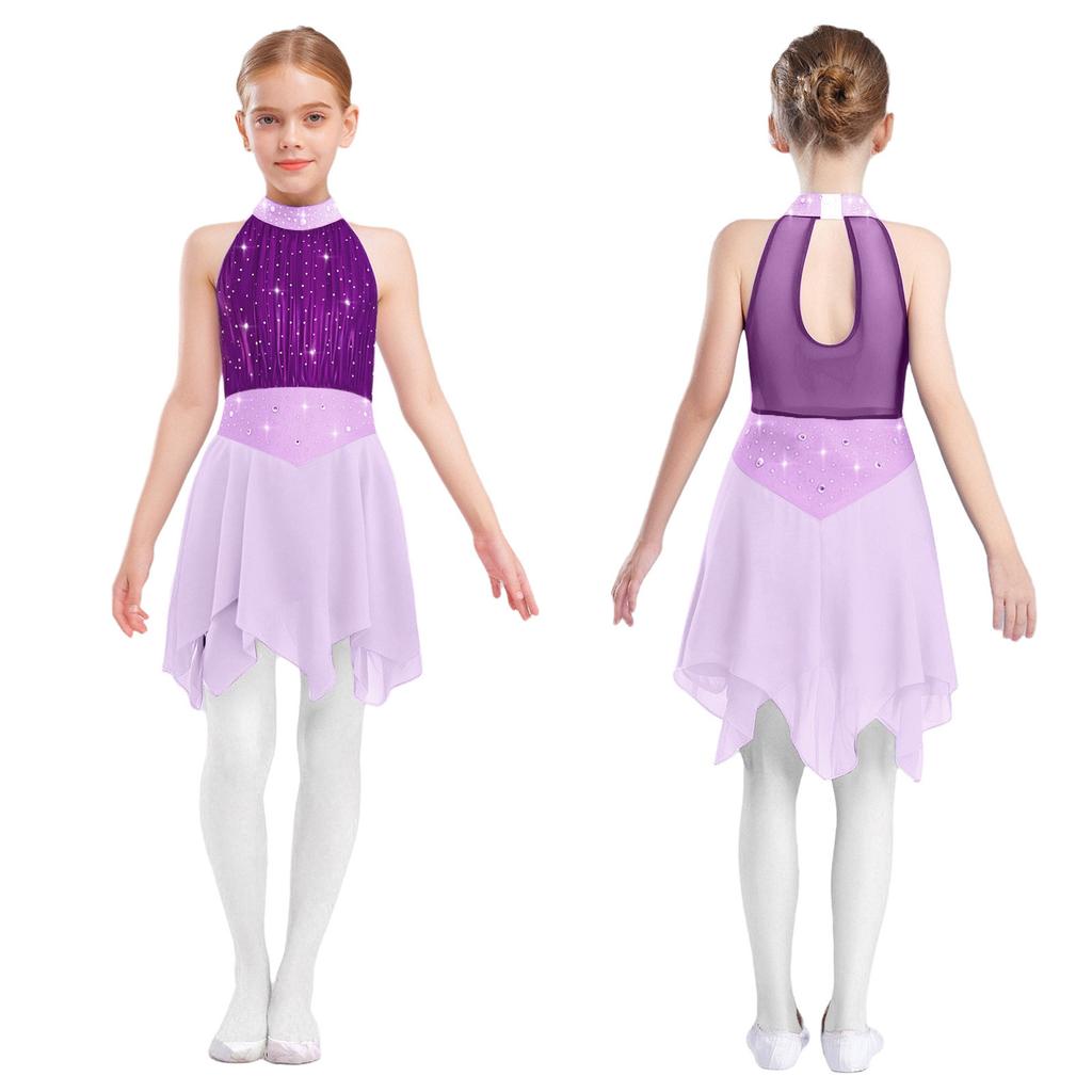 Vestido de Patinaje Artístico para Niñas: Body de Malla Metálica sin Mangas con Abertura en la Espalda y Pedrería, con Dobladillo Irregular de Gasa para Competición