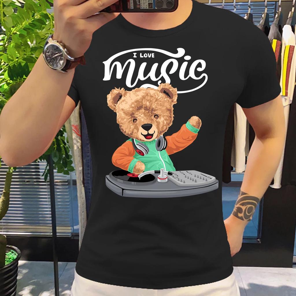 Motorcycling Bear Funny Cute Top Camisetas Black Ladies Tshirts Aesthetics Graphic White Short Sleeve 100%Cotton Man's T-shirt
