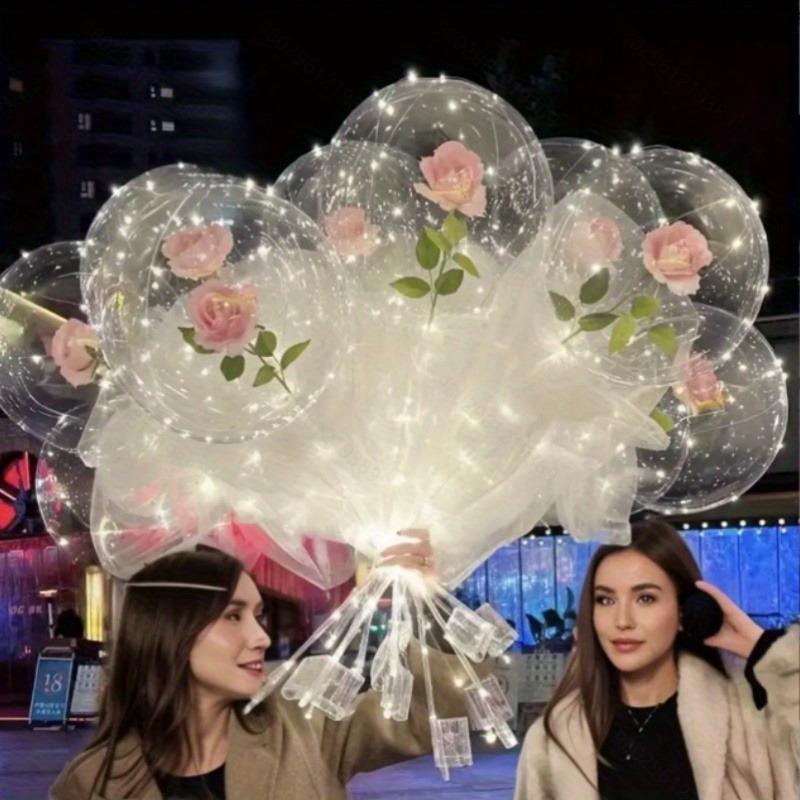 10 Sets Pink Rose Flower Glowing Bubble Balls Rose Bouquet Balloons and Sticks Suitable for Weddings Birthday Parties Prop Decor