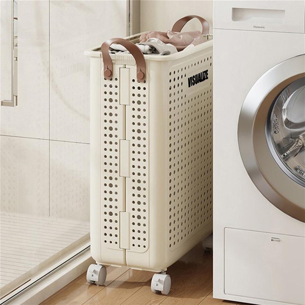 

VISUALIZE Hollow Design Foldable Laundry Basket Dirty Clothes Storage Cart with Handles and Wheels,Size L Cream White