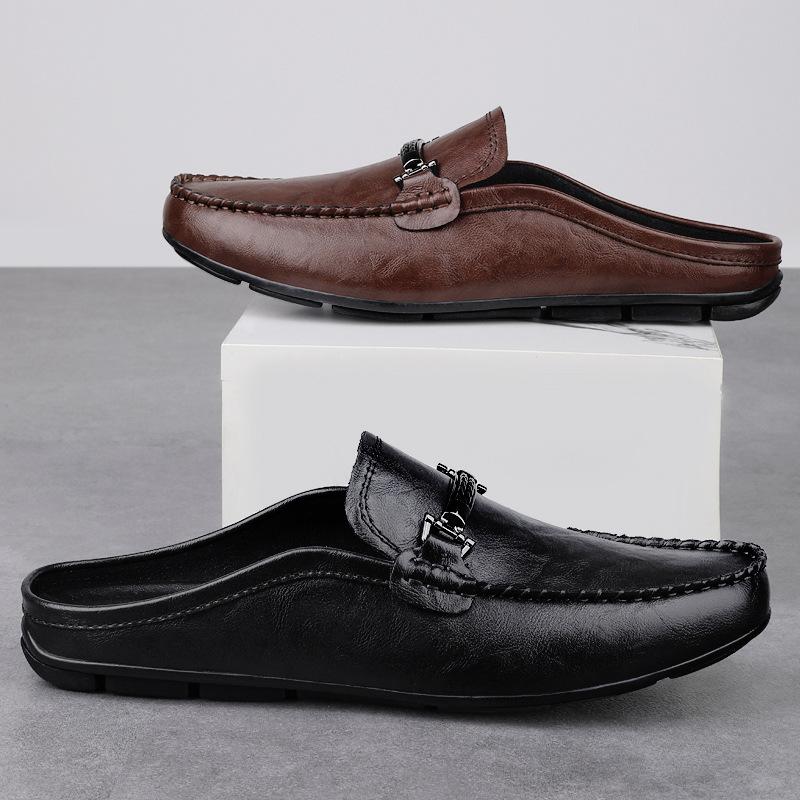 Summer men's slippers fashion leather casual shoes driving Doudou shoes comfortable work men's shoes black brown