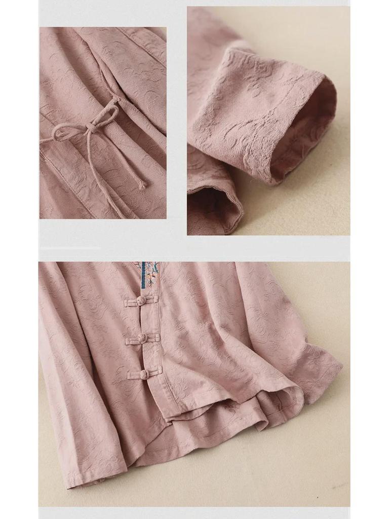 Damen Retro Chinesisch Besticktes Baumwoll-Leinen Langarm Hanfu Hemd