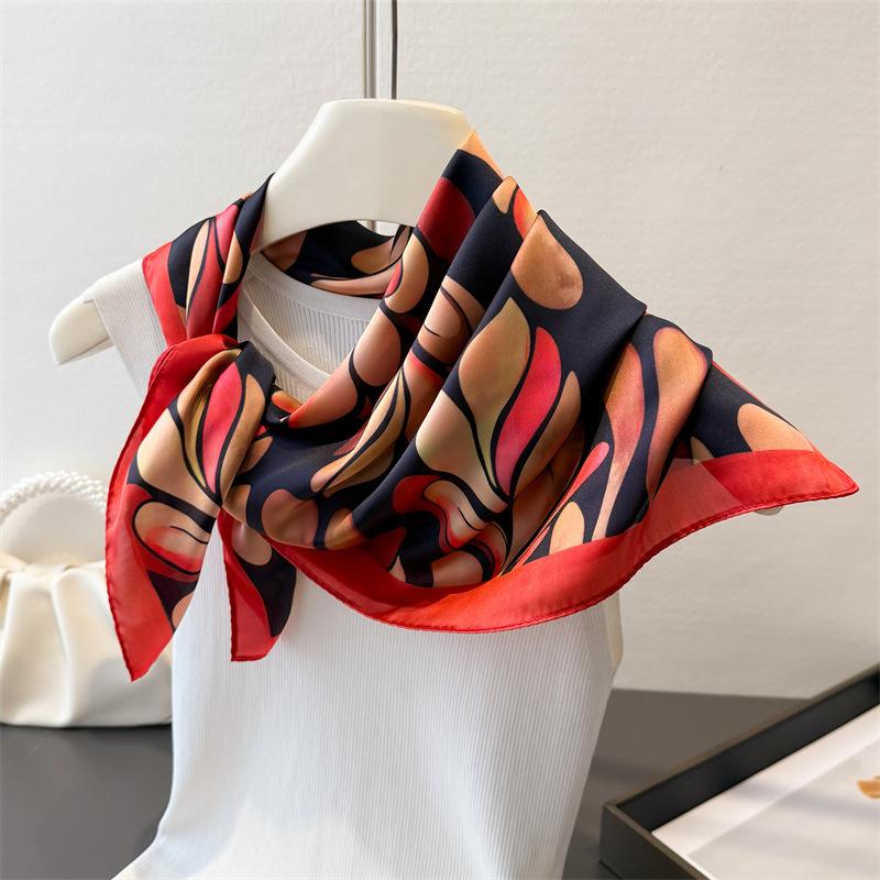 Soft Leaf Print Elegant High-end Silk Scarf Imitation Square Shawl Versatile Neck Small Women