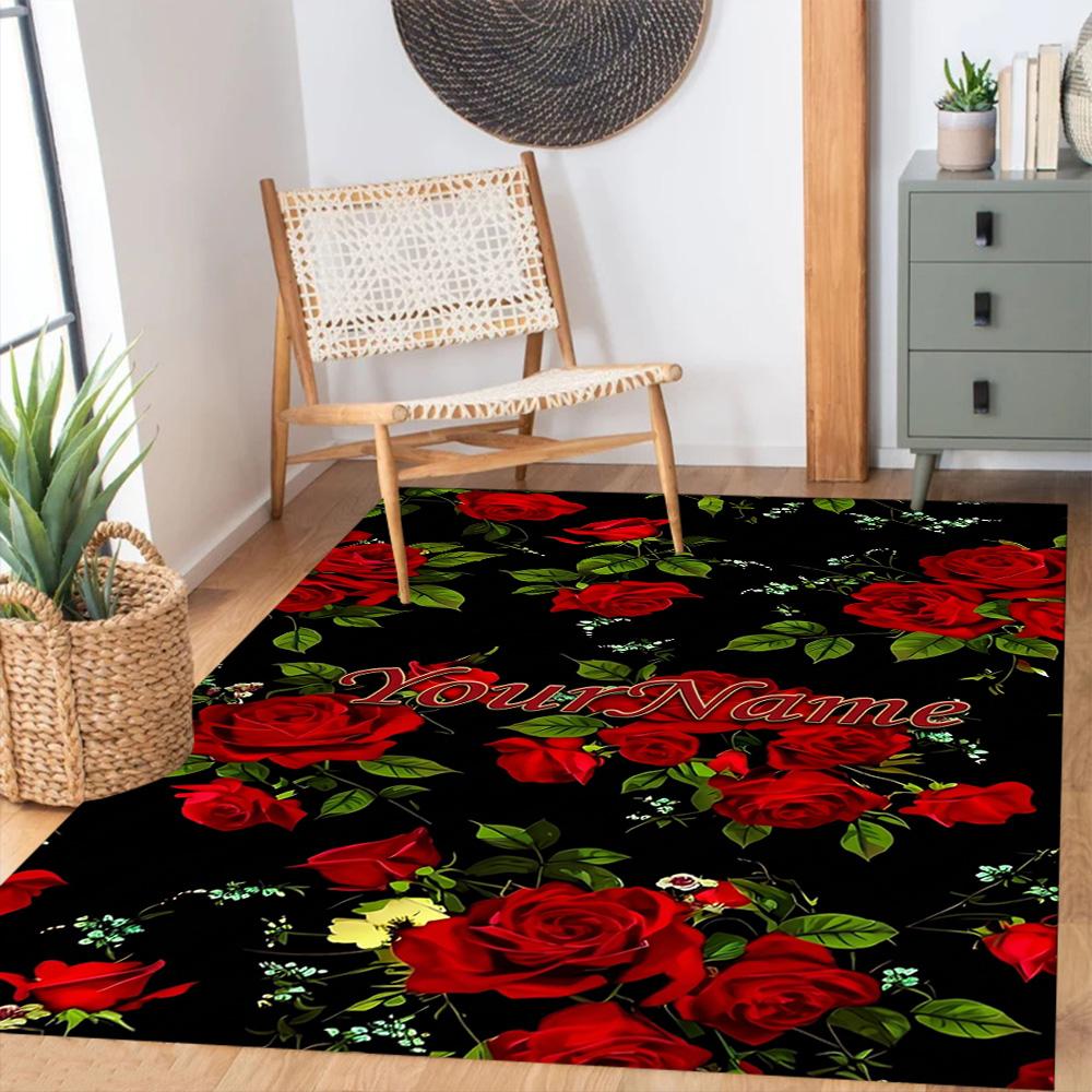 Rose Customize Text Floor Mat Design for Dining Room Hallway Living Rooms Entryway Antislip Carpet Anime Office Decor Birthday/Christmas Gift