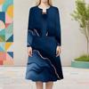 Women Plus Size Two Piece Dress Set Round Neck Long Sleeve Printed Navy Blue Cardigan Sleeveless Long Dress