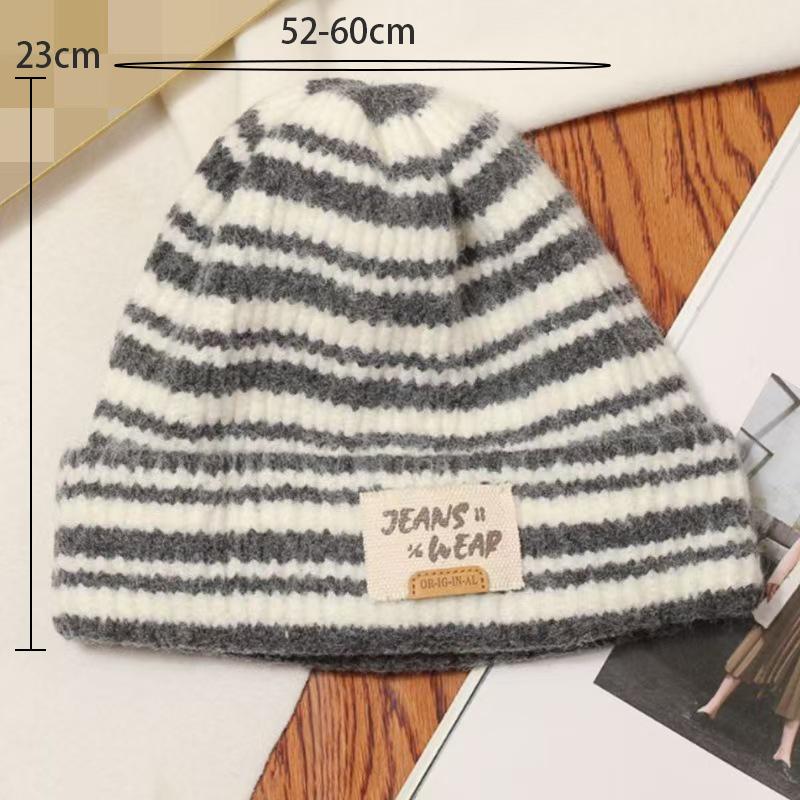 Autumn And Winter  Striped Versatile Korean Style  Large Head Circumference Wool Knitted Hat Pullover Hat For Women