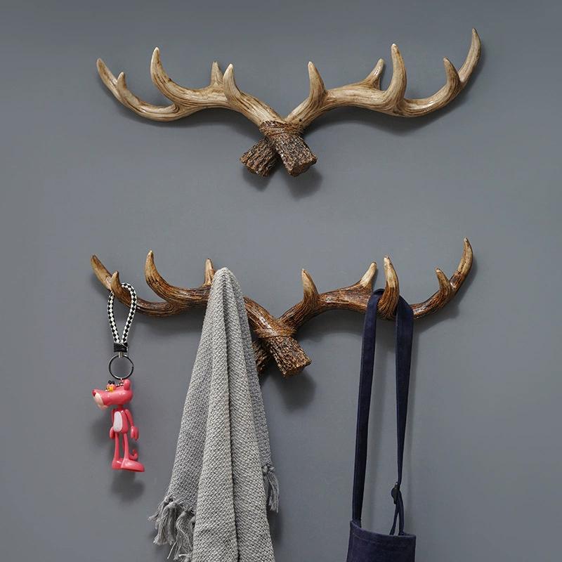 Nordic Vintage Deer Horn Decorative Hook Wall Hanging Clothes And Hats Hook High-End Living Room Decor Antler Resin Statue Craft