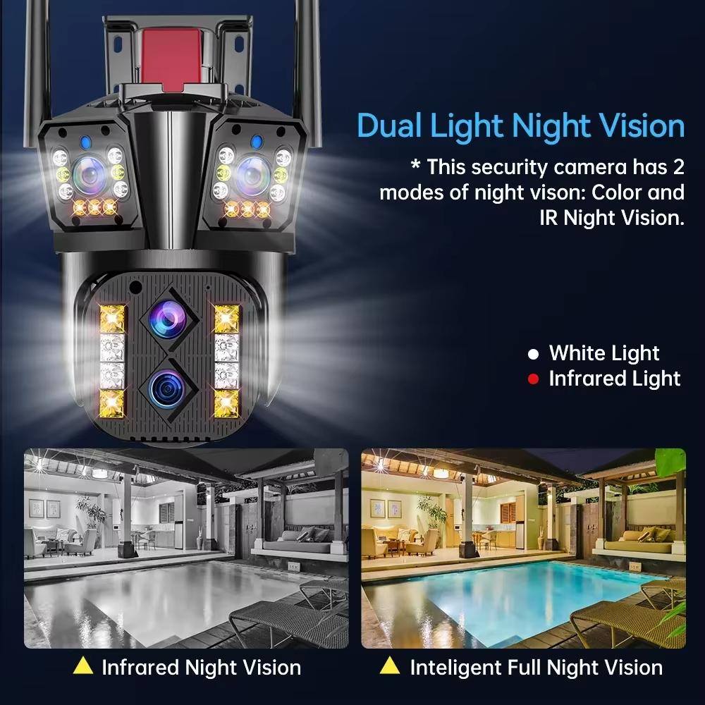 Outdoor WIFI IP Kamera 16MP 8K HD 10X Optischer Zoom Automatische Tracking PTZ Vier Objektiv Drei Bildschirm Wasserdichte Überwachungskamera CCTV