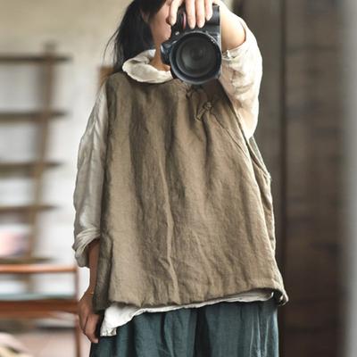 Women Vintage Chinese Style Vests Coats Solid Color O-Neck Button Linen Winter Plus Cotton Warm Vests