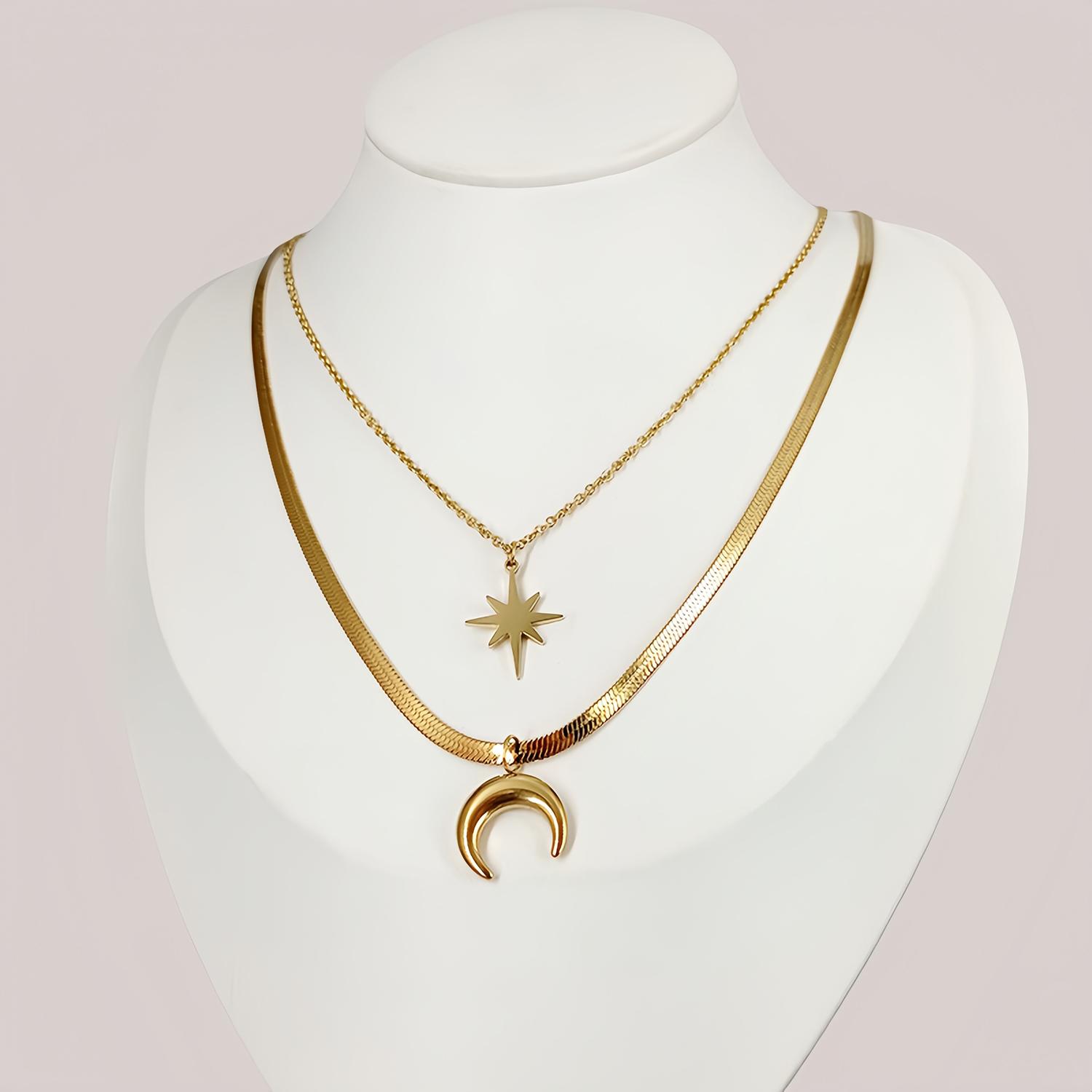 

Двухслойное колье из нержавеющей стали со звездой и луной золотой