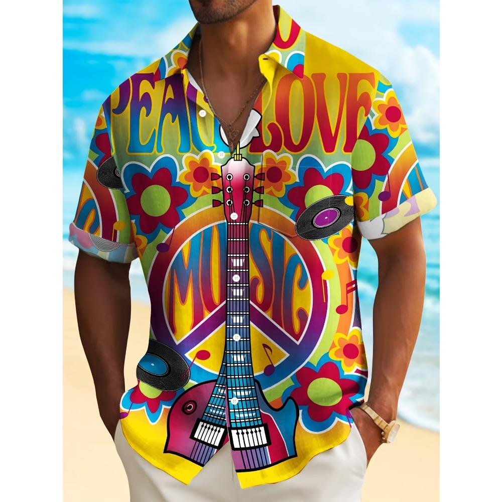 Hippie Hemden Frieden Liebe Gitarre Blumig Musik Print Locker Urlaubs Kurzarm Revers Oberteile Herren Kleidung 2XL blue