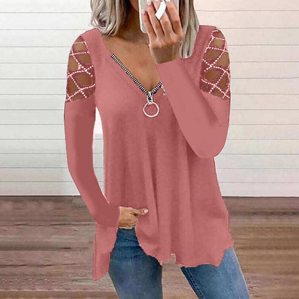 2026 V-Neck Solid Color Hollow Sleeve Drilled Casual Women's Top