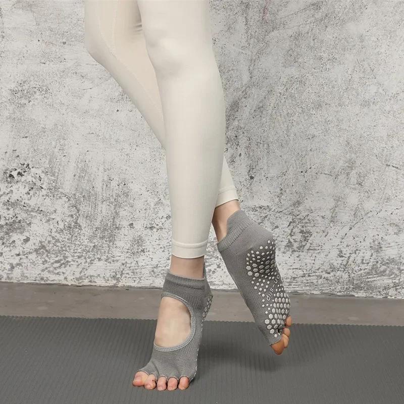 Silicone Non-slip Yoga Socks Women Backless Breathable Toeless Floor Pilates Socks Five-finger Indoor Workout Dance Sports Socks