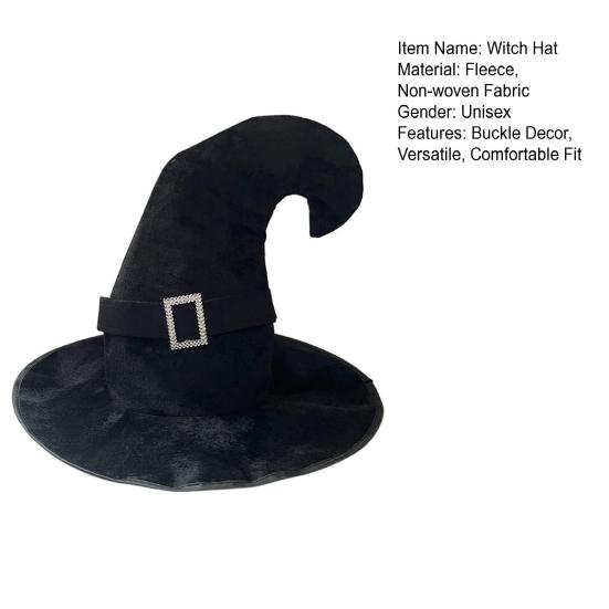 Velvet Witch Hat with Mysterious Button Design Wide Brim Solid