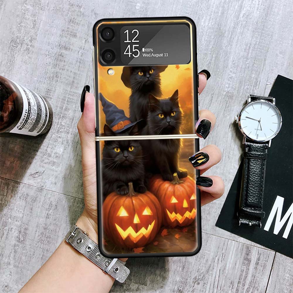 Black Kitten Halloween Pumpkin Cases For Samsung Galaxy Z Flip 4 5 6 7 3 Z Flip7 Flip6 Flip4 Flip5 Flip3 5G Hard Shockproof Fund