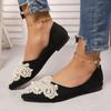 Comfortable Pointed Toe Slip-On Flats | Women's Black Fabric Upper with Pearl & Rhinestone Embellishments, Faux Cover Inner, All-Season Fashion Shoes