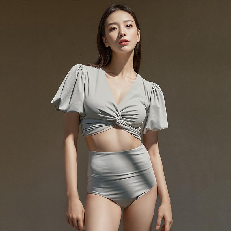 

2024 Купальник с высокой талией, рукавами-буфами, глубоким V-образным вырезом и раздельным дизайном S зелёный/серый