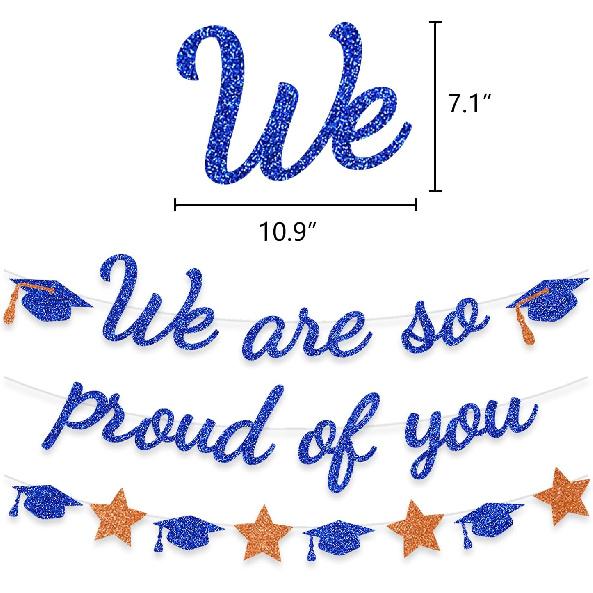 We Are So Proud Of You Banner Graduation Party Decorations Glitter Congratulations Class Grad Ideas Blue Grad Oragne