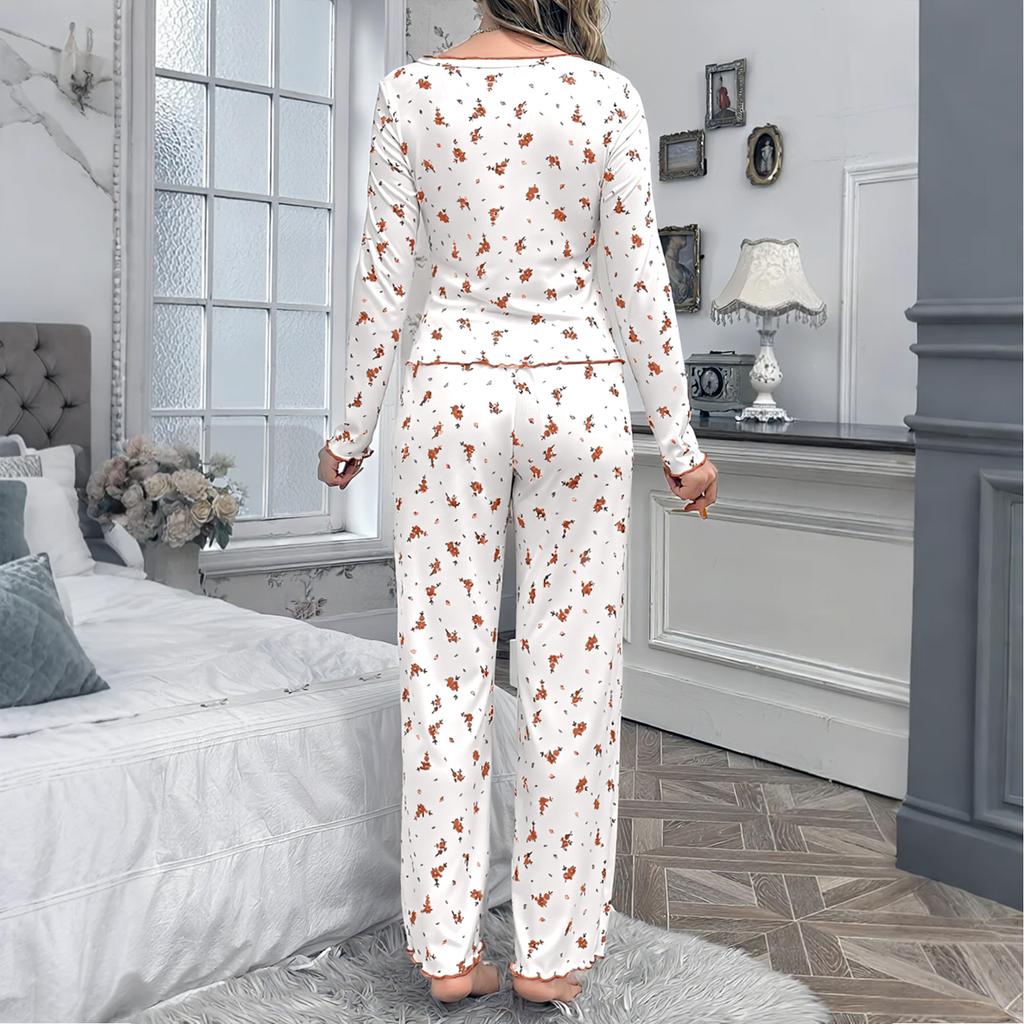 Women's Long-sleeved Pajamas And Pants Suit With Floral Print