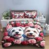 Süße Hunde mit rosa Rosen Bettwäsche Bettbezug Set  (1*Bettbezug 2*Kissenbezüge, ohne Bettdecke)