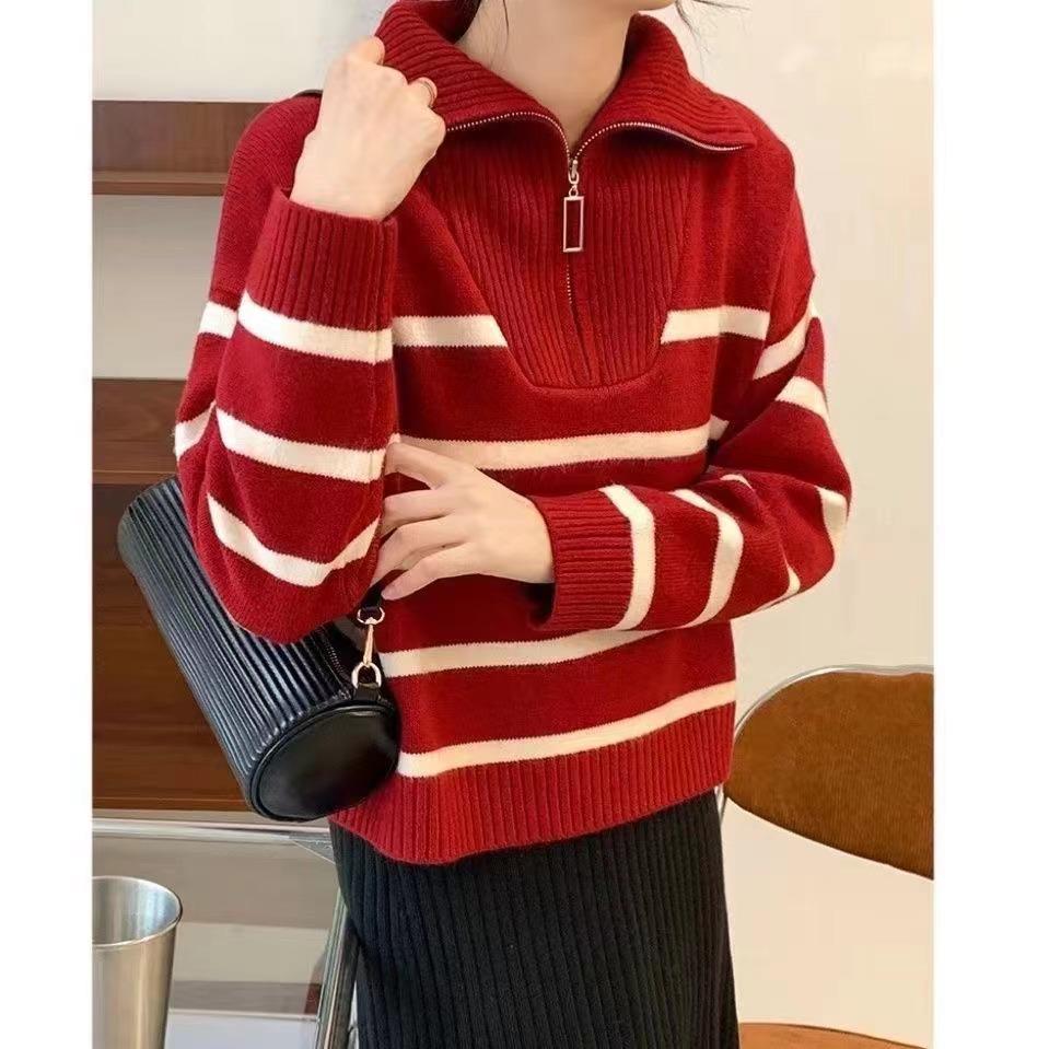 Knitted striped sweater women's autumn and winter autumn lazy wind lapel zipper knitted jacket women's pullover long-sleeved top