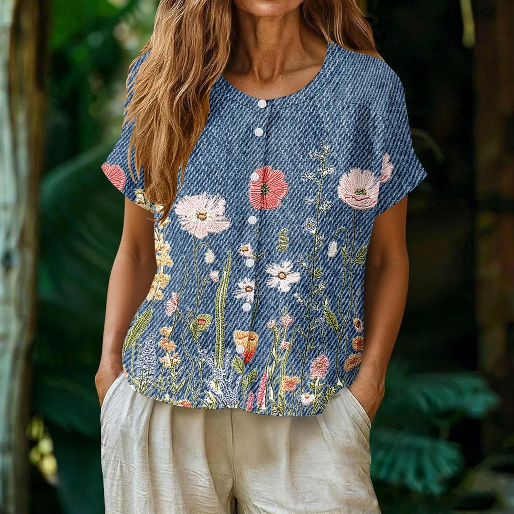 Women's Neck Floral Print Blouse with Single Button Placket