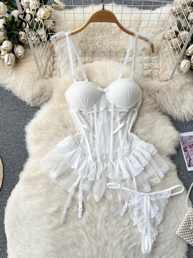 Summer Lace Sexy Underwear Suits Women Ruffles Sheer Camis Mesh Sensual Dress Suits Female Solid Erotic Open Crotch Slim Pajamas 2024