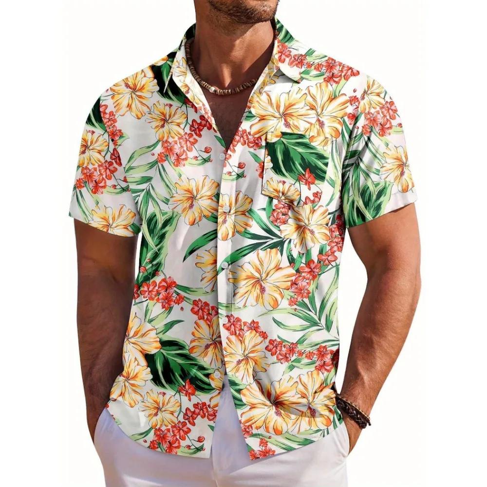 Camisa Masculina de Manga Curta Estampa Floral Botânica Havaiana Gola Lapela Camisa de Botão à Beira-Mar Top Moda Casual Camisas