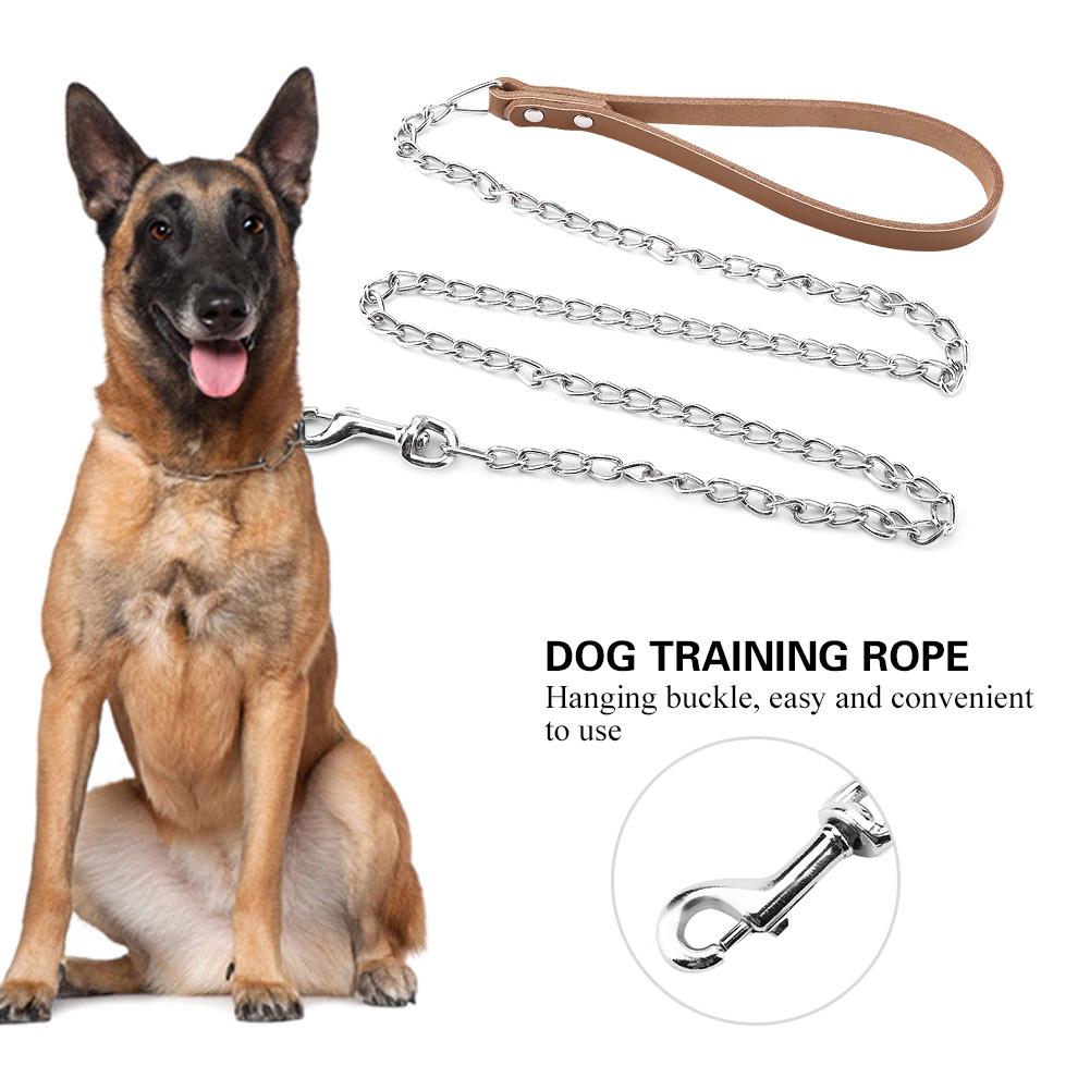 Metal Dog Leash Training Collar Rope   Strap with PU Handle (Brown)