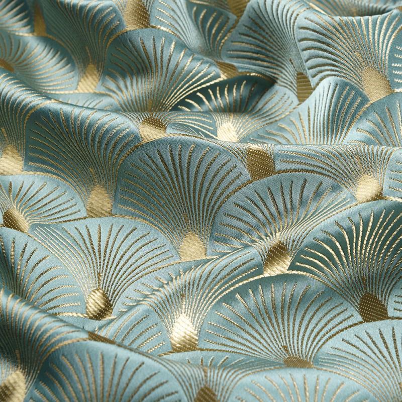 50x150cm Lesklá Zlatá Modrá Žakárová Látka ve Tvaru Vějíře List Ginkgo Tkaná Brokátová Látka Pro DIY Cheongsam Šaty Bundu