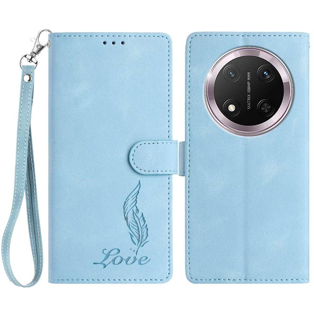 Etui na Honor X9c 5G z nadrukiem pióra, portfel ze skóry PU, pokrowiec na telefon z paskiem na nadgarstek