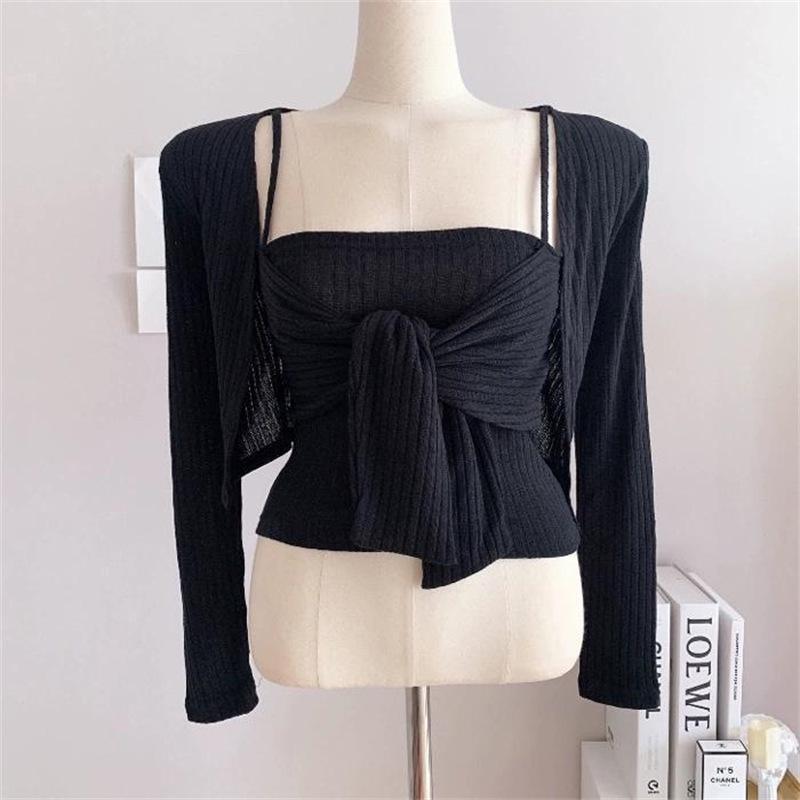 

Korean Dongdaemun Twist Knot Camisole & Cardigan Two-Piece Set - New Style, Slim Fit, High-End One Size чорний