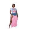 European & American Women's Sexy Fashion T-shirt and Denim Patchwork High-Waist Split Plaid Skirt Set