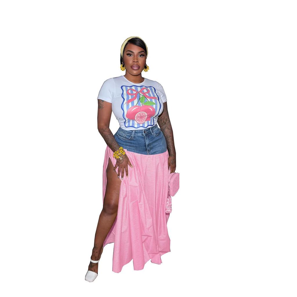 European & American Women's Sexy Fashion T-shirt and Denim Patchwork High-Waist Split Plaid Skirt Set