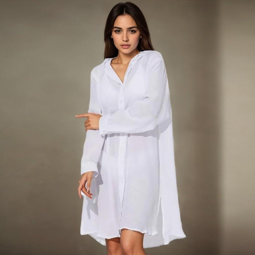 Solid Color Button Down Tunic Dress Long Sleeve Blouse Tops Beach Bikini Cover-up  Vacation Outfit