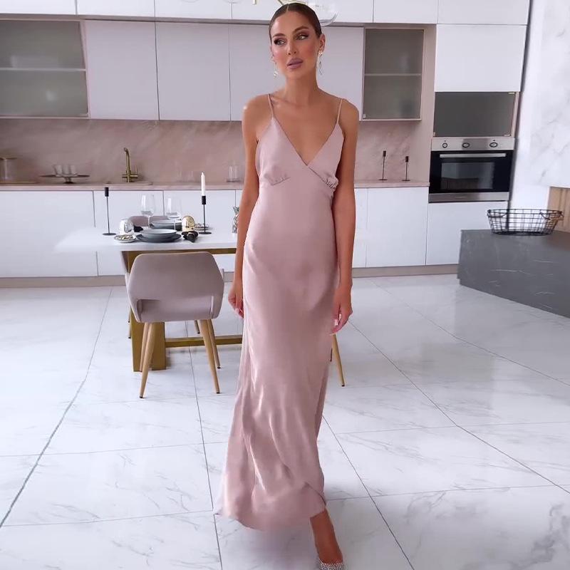 2024 French Lazy Style Solid Color Slim Fit Long Sling Dress for Women