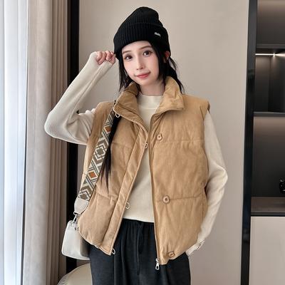 Gilet Thermique en Velours Côtelé d'Hiver pour Femme Ample Court Col Montant