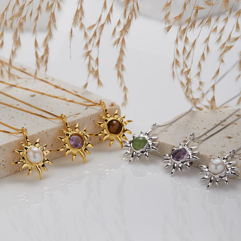 French Vintage S925 Sterling Silver Natural Pearl Amethyst Tiger Eye Jasper Treasure Necklace Female Sunflower Pendant