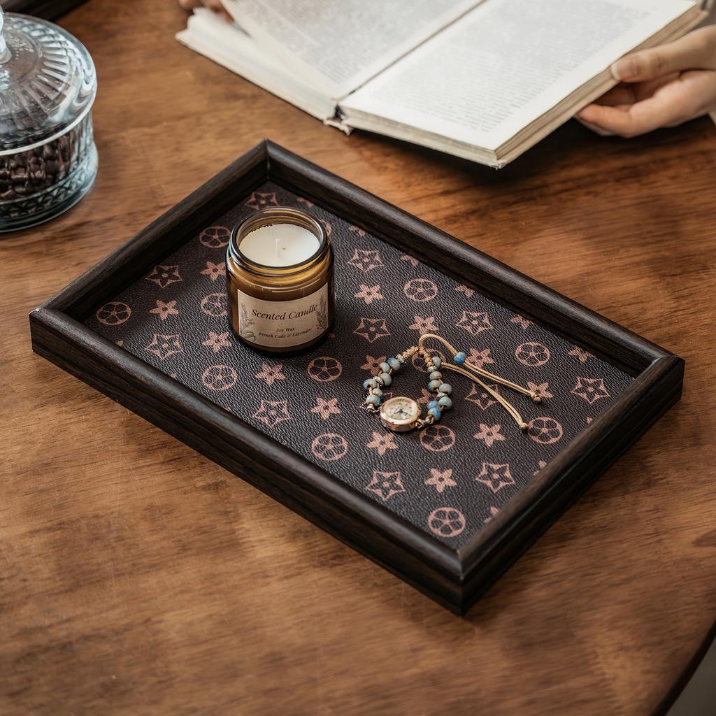 Wooden Tray Light Luxury Living Room Desktop Jewelry Storage Tray Leather Material Retro Desktop Display Plate