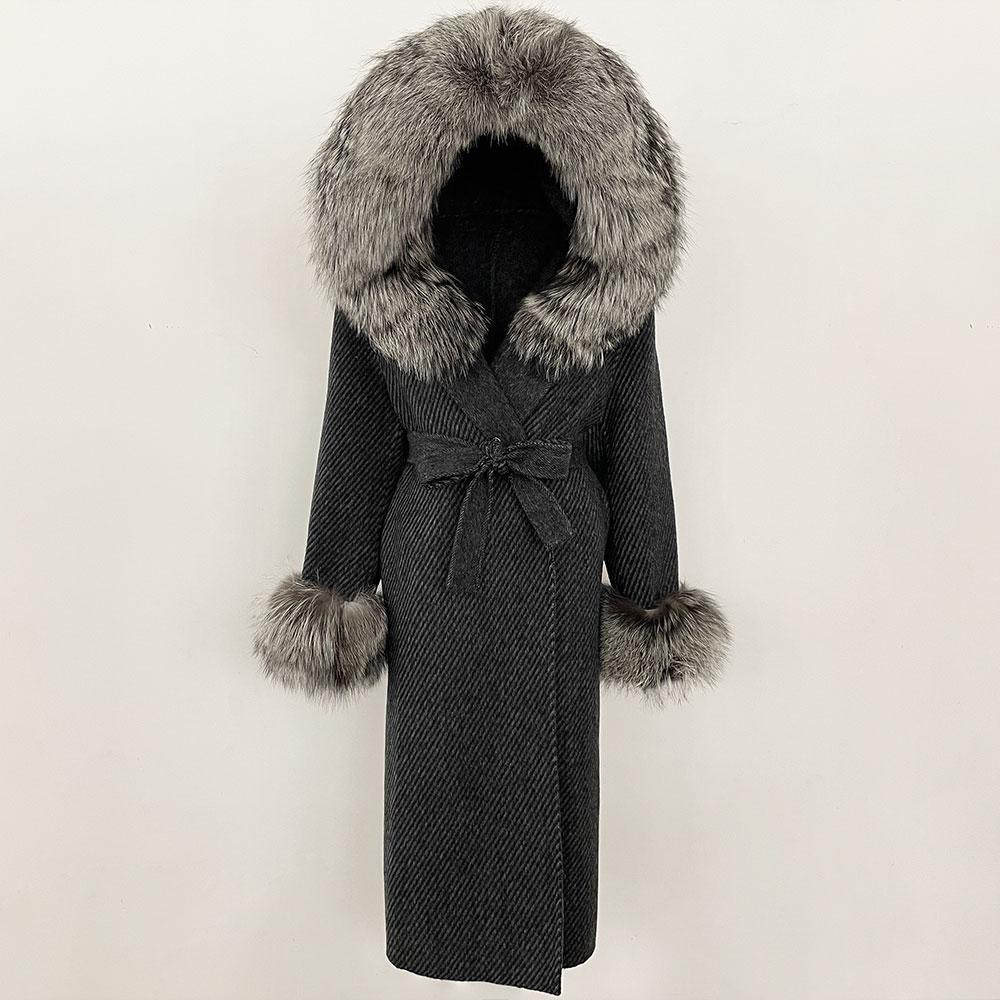 OFTBUY Winter Women Coat Real Natural Fox Fur Hooded Detachable Collar Double-faced Woolen Jacket Long Casual Elegant Overwears